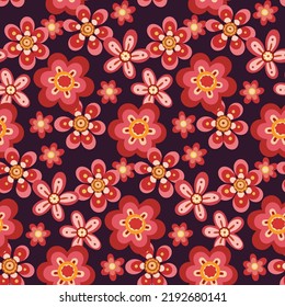 Seamless floral pattern with decorative flowers in retro style. Botanical print with flower heads embellished with a geometric pattern on a dark background. Vector illustration.