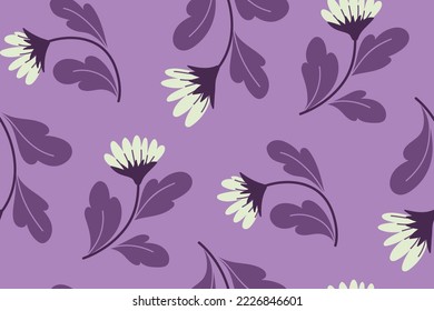 Seamless floral pattern with decorative flowers branches in an abstract composition. Simple flower print with hand drawn wild plants, large flowers, leaves on stems. Vector botanical illustration.