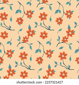 Seamless floral pattern with decorative flowers branches in vintage style. Elegant botanical print, flower design with small red flowers, leaves, branches on a light background. Vector illustration.