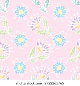 Seamless floral pattern with decorative flowers and leaves.  Pink background. Vector illustration.