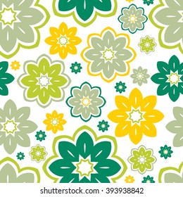 Seamless floral pattern with decorative flowers. Retro print. Vintage pattern. Flower pattern. Big Bud. Green flower with small petals. Flower garden.Bright floral pattern, ornament, drawing, print.