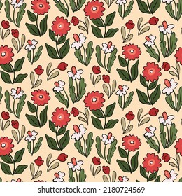 Seamless floral pattern with decorative hand drawn plants. Cute ditsy print, botanical background with pretty cartoon wild plants, flowers, leaves. Trendy surface design. Vector.