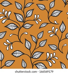Seamless Floral Pattern with Decorative Leaves Elements on Brown. Textile Design