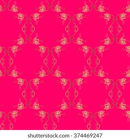 Seamless floral pattern. Decorative ornament from gold flowers on bright pink background. Vector illustration.