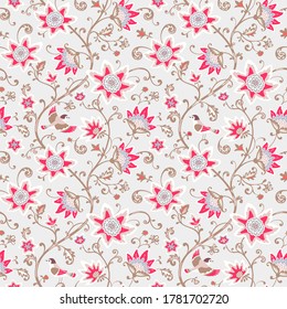 
Nahtlose Muster aus Blumen. Zierhintergrund mit stylisierten Blumenzweigen und Vögeln.