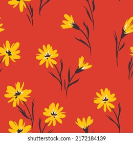 Seamless floral pattern with decorative plants in retro style. Simple design for ditsy print, botanical background with hand drawn yellow flowers on a red field. Vector illustration.