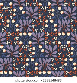 Nahtlose Blumenmuster, dekorativer Druck mit Folkloretro-Motiv. Botanisches Design mit Wildpflanzen in Winterfarben: handgezeichnet, kleine Blumen, Blätter, Beeren auf blauem Hintergrund. Vektorgrafik