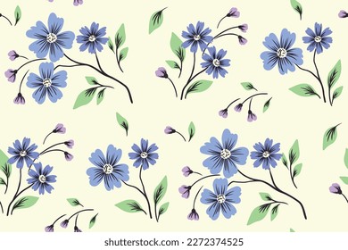Seamless floral pattern, decorative retro style flower print with rustic motif. Cute botanical design with small hand drawn blue flowers on branches, leaves on a white background. Vector illustration.