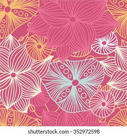 Seamless floral pattern with decorative roses. Retro print. Vintage pattern. Flower pattern. Big Bud. A large flower, mall petals. Pattern in blue, pink colors. Bright floral pattern, ornament, print.