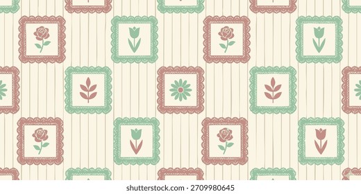 Nahtloses Blumenmuster mit dekorativen Quadraten Zarte Designs für Textilien oder Tapeten