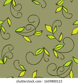 Seamless floral pattern of decorative twigs in folk style. Botanical hand-drawn illustration. Design for packaging, wedding cards, fabrics, textiles, website
