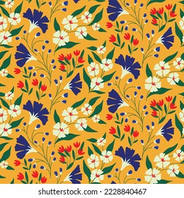 Seamless floral pattern with decorative vintage meadow. Pretty ditsy print, cute flower design, abstract composition of wild plants: small flowers, branches, leaves on a yellow background. Vector.