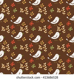 Seamless floral pattern, decorative pattern with white bird on brown background. Drawing for design books, Wallpaper, paper, greeting cards, invitations