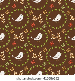 Seamless floral pattern, decorative pattern with white bird on brown background. Drawing for design books, Wallpaper, paper, greeting cards, invitations