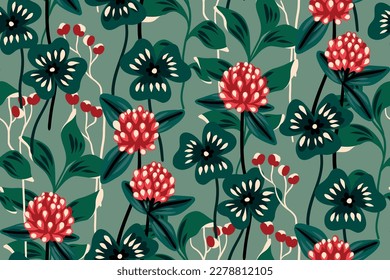 Seamless floral pattern with decorative wildflower art. Vintage print, artistic botanical design with hand drawn clover, small wild flowers, branches, leaves. Vector illustration.