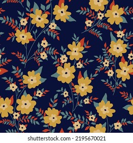 
Seamless floral pattern with decorative winter botany on a dark field. Season ditsy print, beautiful botanical background with small flowers, small leaves on thin twigs. Vector illustration.