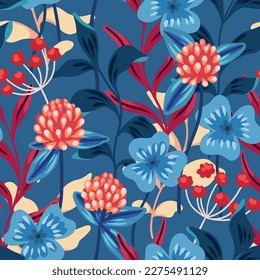 Seamless floral pattern with decorative winter botany. Botanical design with hand drawn wild plants in cold colors: small flowers, large leaves, twigs on a blue background. Vector illustration.