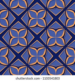 Seamless floral pattern. Deep blue and orange 3d designs. Vector illustration