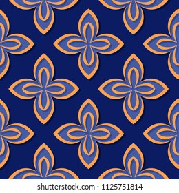 Seamless floral pattern. Deep blue and orange 3d designs. Vector illustration