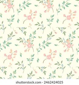 Seamless floral pattern, delicate abstract nature ornament for wallpaper, fashion textile print. Vector botanical design in pastel colors: small hand drawn flowers branches, leaves on white background