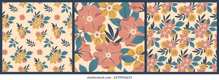 Seamless floral pattern, delicate abstract ditsy print in romantic retro motif. Botanical design collection, pretty ornament: large hand drawn flowers, small leaves, pastel colors. Vector illustration