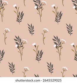 Seamless floral pattern, delicate autumn floral print with simple wild plants. Elegant botanical design in vintage motif. Small hand drawn flowers, leaves on beige background. Vector illustration.