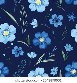 Seamless floral pattern with delicate blue flowers and green leaves on a dark background. Elegant vector design for fabric, wallpaper, packaging, or home decor. Perfect for nature-inspired projects.