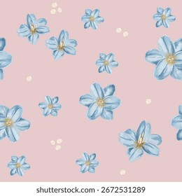Seamless floral pattern with delicate blue flowers on soft pink background. Perfect for fabric, wallpaper, wrapping paper, and feminine decorative design.