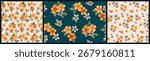 Seamless floral pattern, delicate botanical design of watercolor plants. Rustic style ditsy print collection, small hand drawn yellow flowers, tiny leaves, simple gentle bouquets. Vector illustration.