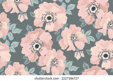 Seamless floral pattern, delicate botanical print with large pink flower buds. Romantic flower design with hand drawn rosehip flowers, leaves on gray background. Vector floral illustration.