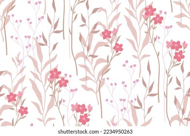 Seamless floral pattern with delicate botanical arrangement on a white background. Romantic flower design with hand drawn wild plants: small flowers, leaves on branches, herbs. Vector illustration.
