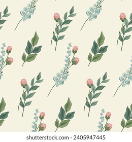 Seamless floral pattern, delicate botanical design with hand drawn flora. Romantic flower print, ornament, tile: hand drawn small flowers, large leaves, branches isolated on a light background. Vector
