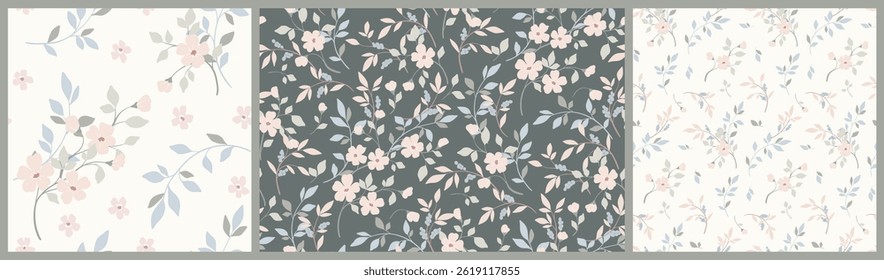 Seamless floral pattern, delicate botanical design of simple hand drawn flowers twigs. Romantic ditsy print collection: small flowers, thin branches, tiny leaves in pastel colors. Vector illustration.