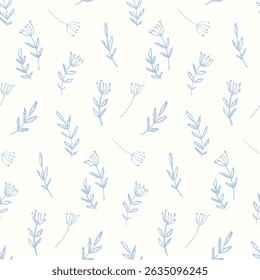 Padrão floral sem emenda, impressão botânica delicada com silhuetas de esboço simples de plantas. Design gráfico de superfície com flores silvestres desenhadas à mão, folhas em duas cores. Ilustração vetorial.