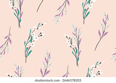 Padrão floral contínuo, impressão botânica delicada com flores silvestres em cores pastel. Design floral romântico de plantas desenhadas à mão gentis, flores pequenas, folhas minúsculas, galhos em rosa. Ilustração vetorial