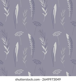 Padrão floral sem emenda, impressão botânica delicada com silhuetas de esboço simples de plantas. Projeto gráfico de superfície com flores silvestres desenhadas à mão, folhas. fundo botânico delicado sem emenda do campo