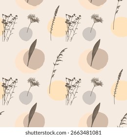 Seamless floral pattern, delicate botanical print with simple sketch silhouettes of plants. Graphic surface design with hand drawn wild flowers, leaves. delicate botanical seamless background of field