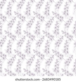 Padrão floral contínuo com ramo delicado e folhas minúsculas no fundo branco. Ornamento botânico. Ilustração vetorial para cartão de saudação, convite de casamento, design têxtil