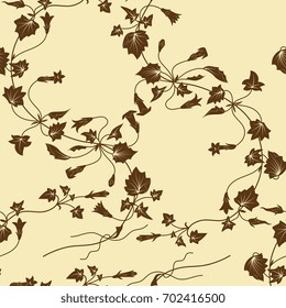 Seamless floral pattern. Delicate brown silhouettes on pale yellow background.