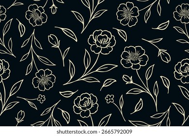 Padrão floral sem costura com flores contorno creme delicado e folhas em um fundo escuro, perfeito para elegante têxtil, papel de parede e design decorativo.
