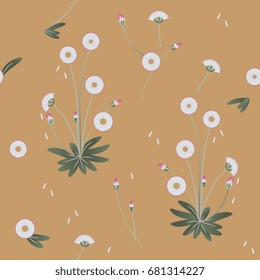 Seamless floral pattern with delicate daisy flowers on orange sandy beige background.