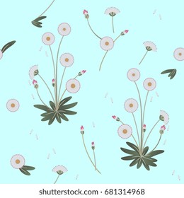 Seamless floral pattern with delicate daisy flowers on a light blue background.