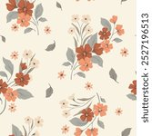 Seamless floral pattern, delicate ditsy print, abstract flower ornament in neutral colors. Botanical design: hand drawn red flowers, small leaves, twigs, simple bouquets on light. Vector illustration.