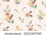 Seamless floral pattern, delicate ditsy print, abstract flower ornament in light pastel colors. Cute botanical design: small hand drawn pink flowers, tiny leaves, bouquets. Vector illustration.
