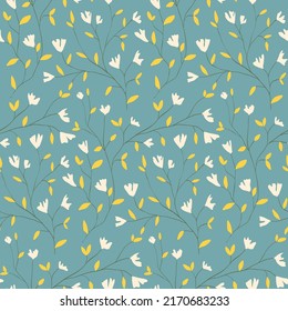 Seamless floral pattern, delicate ditsy print with tiny flowers twig. Romantic botanical background with flowers, leaves on branches in retro style. Small hand drawn twigs on a blue surface. Vector.
