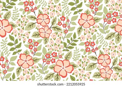 Seamless floral pattern, delicate ditsy print with decorative art meadow. Modern botanical design with cute meadow, small hand drawn flowers, leaves on white background. Vector illustration.