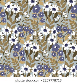 Seamless floral pattern, delicate ditsy print with vintage motif. Pretty botanical design with wildflowers garden: small hand drawn flowers, branches, large leaves on a light blue background. Vector.