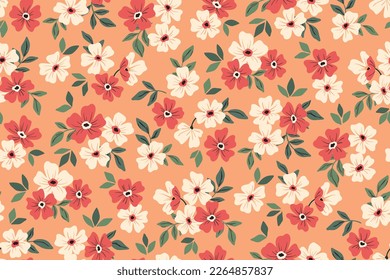 Patrón floral sin soldadura, delicada impresión con motivos vintage. Diseño botánico romántico con plantas dibujadas a mano: flores, hojas sobre un fondo de melocotón. Ilustración vectorial.