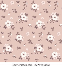 Seamless floral pattern, delicate ditsy print with vintage motif. Rustic botanical design in monochrome: small hand drawn flowers, leaves, decorative bouquets on light background. Vector illustration.