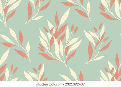 Patrón floral sin foco, delicada impresión de color con flora silvestre. Diseño botánico vintage para tela, papel: ramas dibujadas a mano, pequeños borlos de flores, hojas sobre un fondo azul. Ilustración vectorial.
